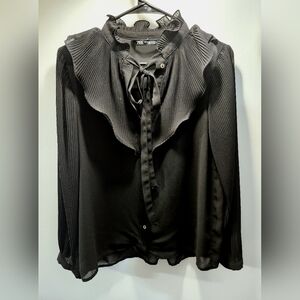 Zara Size XS Women's Blouse, Black, Semi-sheer, Ruffle/Frills, Ribbon, Romantic